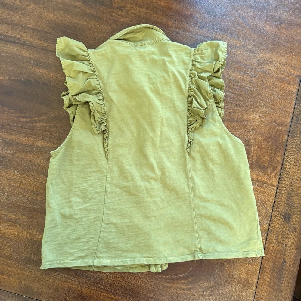 Nation LTD Archer Ruffle Sleeve Top Button Down Sleeveless Shirt Olive Green M - Picture 3 of 12